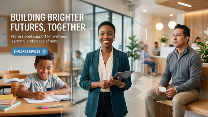 Professional banner showing a child, an adult woman, and an adult man representing ADHD assessments for all ages in a warm clinical setting.